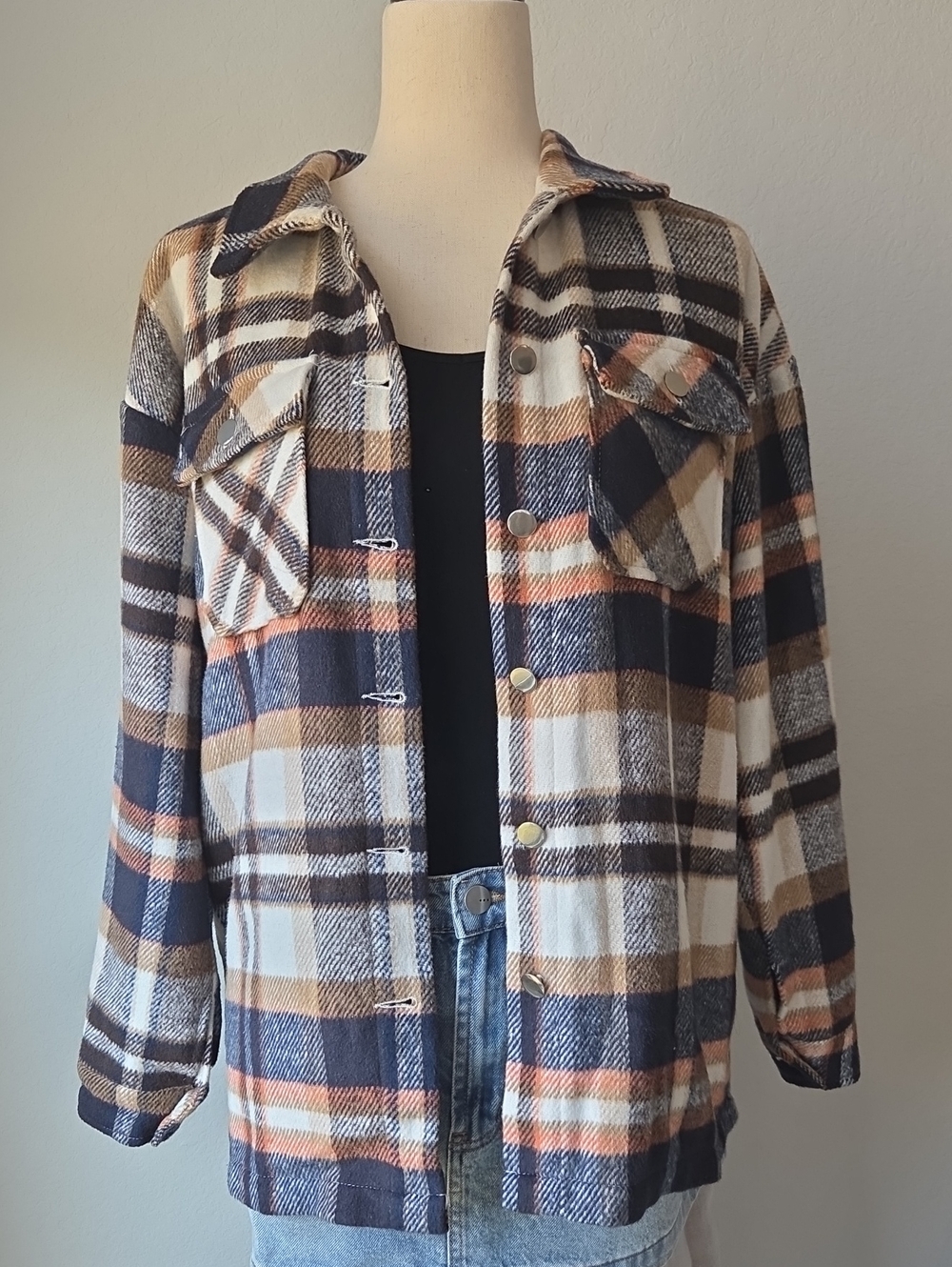 Womens Plaid Shacket Jacket in Navy, Tan & Cream Outdoors Chrunchy Granola Chic